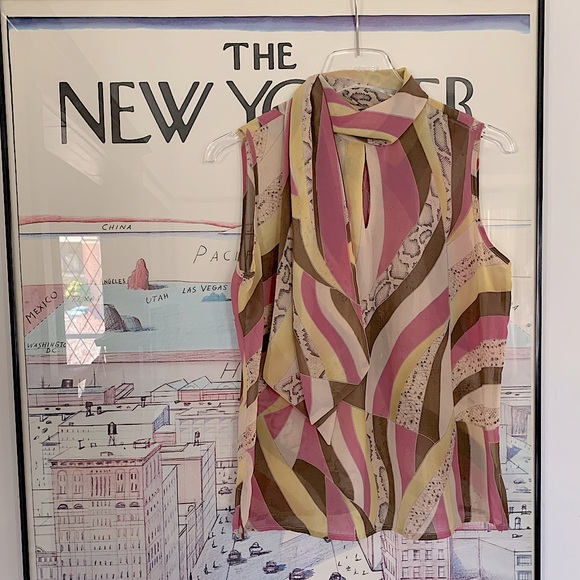 Multi muted colour with a hit of animal sleeveless top with scarf neck size M - Picture 1 of 7